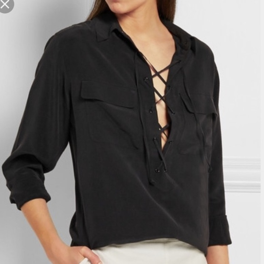 Equipment True Black Laced Up Henley Silk Shirt S